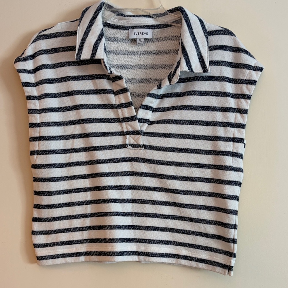 Evereve Navy and White Striped Collared Cropped Terry Knit Top, size s